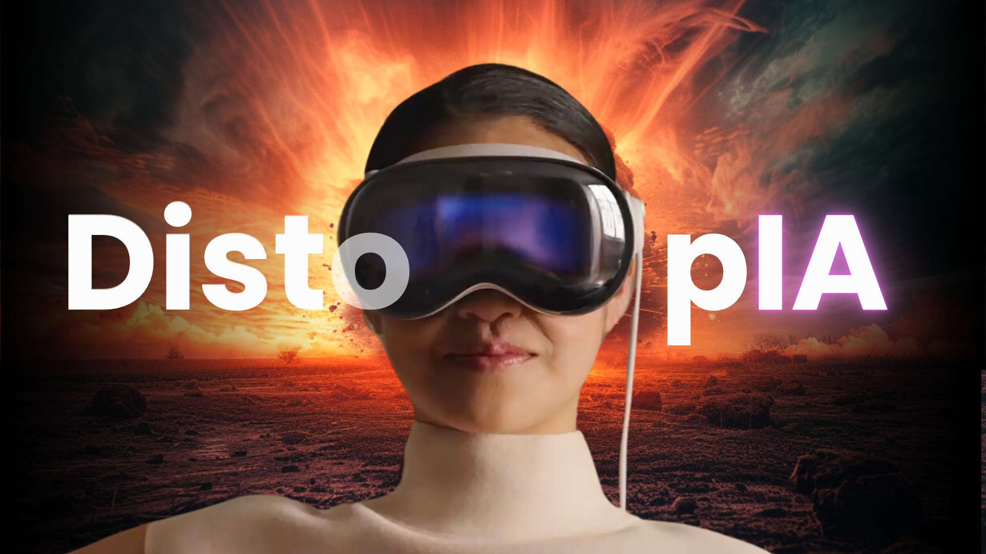 Mujer con los Apple Vision Pro en una escena apocalíptica, con el texto "DistopIA", relacionando la IA